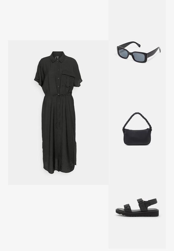 Vero Moda Tall SHIRT CALF DRESS - Vestido informal - black; Sandalias de plataforma negras con tiras acolchadas, punta abierta y correa ajustable en el tobillo. Suela de goma texturizada con patrón en zigzag para mayor agarre.; Gafas de sol rectangulares negras con lentes oscuros, montura de plástico grueso y patillas anchas. Superficie lisa y diseño anguloso.; Bolso negro de forma redondeada, hecho de material liso. Presenta un asa trenzada y un cierre de cremallera para un almacenamiento seguro.
