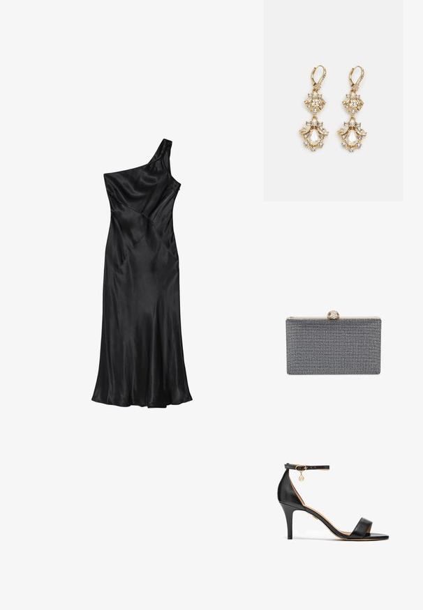 Vestido negro de satén con un solo hombro, cuerpo ajustado y falda evaseada, que presenta costuras diagonales y una textura suave en todo el tejido.; Sandalia de tacón alto de cuero negro con una sola cinta sobre los dedos, cinta en el tobillo, herrajes dorados y un esbelto tacón de aguja.; Bolso de mano rectangular negro cubierto de pequeños cristales, con un cierre dorado con detalles decorativos en la parte superior.; Pendientes colgantes en tono dorado con un diseño de racimo que incluye cristales claros en forma redonda y de lágrima, mostrando un detallado intrincado.