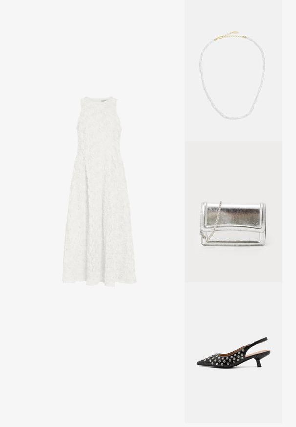 Robe blanche sans manches avec motif floral texturé, encolure ronde, taille cintrée et jupe évasée en ligne A arrivant à la cheville.; Escarpin noir à talon ouvert, à bout pointu, orné de clous en argent, avec un petit talon carré et une texture en cuir lisse.; Pochette métallique argentée avec une texture lisse, fermeture rabat et une bandoulière en chaîne. Présente un design rectangulaire structuré et des accents cousus.; Collier de perles au design délicat, présentant de petites perles blanches et un prolongateur en or avec un fermoir pour une longueur réglable.
