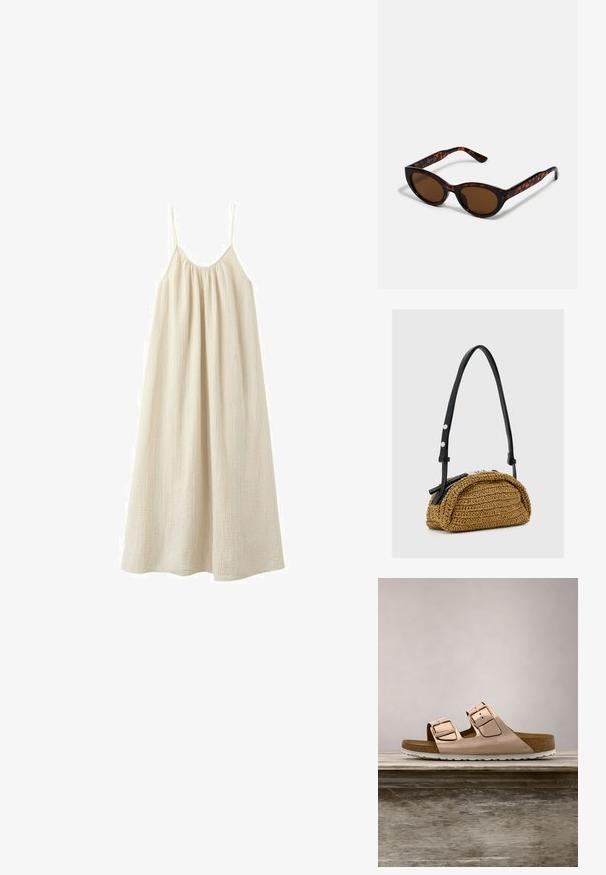 Loses, ärmelloses beiges Maxikleid mit dünnen Spaghettiträgern und gerafftem Ausschnitt, gefertigt aus leichtem, strukturiertem Stoff.; Roségoldene Rutsch-Sandalen mit zwei verstellbaren Metall-Schnallen, Kork-Fußbett und weißer Gummisohle. Glatte metallische Oberfläche, offene Zehenspitze.; Braune Schildpatt-Sonnenbrille mit einer Vintage-Cat-Eye-Form und braunen Gläsern. Verfügt über gebogene Bügel mit roten Akzenten.; Kleine hellbraune gewebte Handtasche mit geschwungener Form, schwarzem verstellbarem Lederträger und silbernem Reißverschluss.
