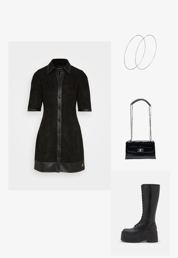 NIKKIE NYLA DRESS - Cocktailkjole / festkjole - black; Zign by Zalando LEATHER - Snørestøvler - black; Sort håndtaske i krokodilletekstureret læder med sølvfarvet drejelås og lang sølvkæde med læder skulderpude.; Sølvøreringe med et minimalistisk design. Cirkulær form, glat tekstur og tynd profil. Letvægtige med en poleret overflade.