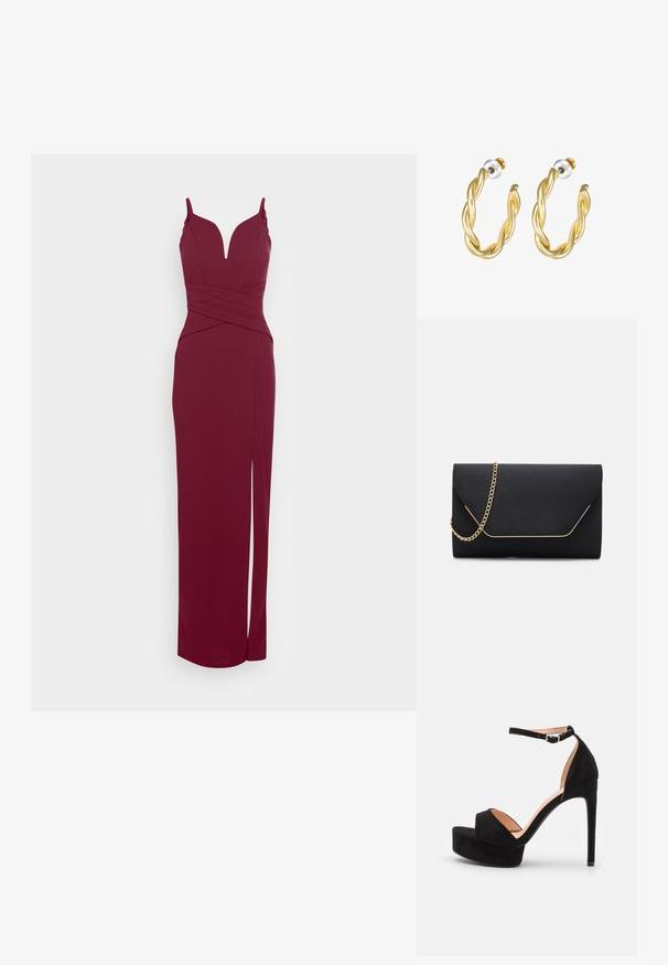 Vestido de noche burdeos con un profundo escote en V, tirantes ajustables y abertura lateral. Tejido texturizado con una silueta ajustada y diseño cruzado.; Sandalia de tacón alto de ante negro con suela de plataforma, tira en el tobillo con herrajes plateados, diseño de punta abierta y textura suave.; Bolso de mano negro con una textura suave, que presenta una cadena dorada y un cierre de solapa geométrica delineado en dorado.; Pendientes de aro retorcidos en oro con una superficie lisa, que cuentan con un respaldo transparente y herrajes en tono dorado.