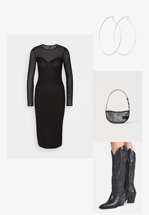 ONLY ONLSANSA DRESS - Etui-jurk - black; Zwarte leren cowboylaarzen met spitse neuzen, decoratieve stiksels en schuine blokhakken gedragen door een persoon.; Zwarte mesh halve maan handtas met een korte verstelbare leren riem en ritssluiting op een effen lichte achtergrond.; Zilveren oorringen met een dun, glad ontwerp; langwerpige ovale vorm; gepolijste afwerking; voorzien van een veilige haaksluiting.