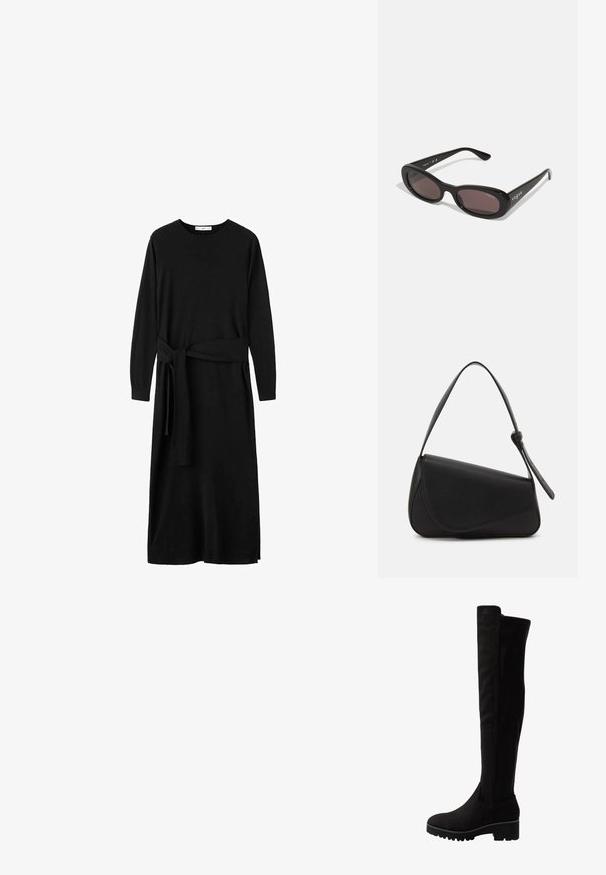 Schwarzes Kleid mit langen Ärmeln aus weichem Stoff, mit rundem Ausschnitt und einem gebundenen Gürtel in der Taille, mit lockerem Schnitt und geradem Saum.; Schwarze Overknee-Stiefel aus weichem Wildleder mit flacher Sohle, abgerundetem Zehenbereich und elastischen Seiteneinsätzen für ein einfaches An- und Ausziehen.; Schwarze Sonnenbrille mit ovalen Rahmen, dunkel getönten Gläsern und "vogue" in Weiß auf den äußeren Bügeln gedruckt. Glattes Plastikmaterial.; Schwarze Lederhandtasche mit dreieckiger Form, schrägem Klappdeckel und rundem Oberhandgriff. Verfügt über eine glatte Textur und minimalistische Designdetails.