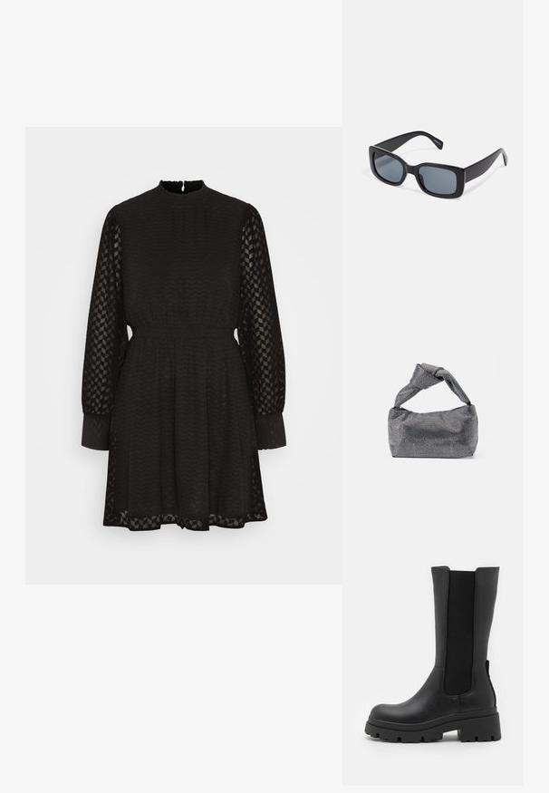 ONLY ONLEMMERY HIGHNECK DRESS - Jurk - black; ONLY SHOES ONLDOJA - Plateaulaarzen - black; Zwarte rechthoekige zonnebril met donkere getinte lenzen, een dik plastic montuur en brede scharnieren. Glad oppervlak en hoekig ontwerp.; Zwarte en zilveren handtas met een gestructureerd oppervlak dat een diamanten patroon vertoont, een geknoopt handvat en een gestructureerde vorm.