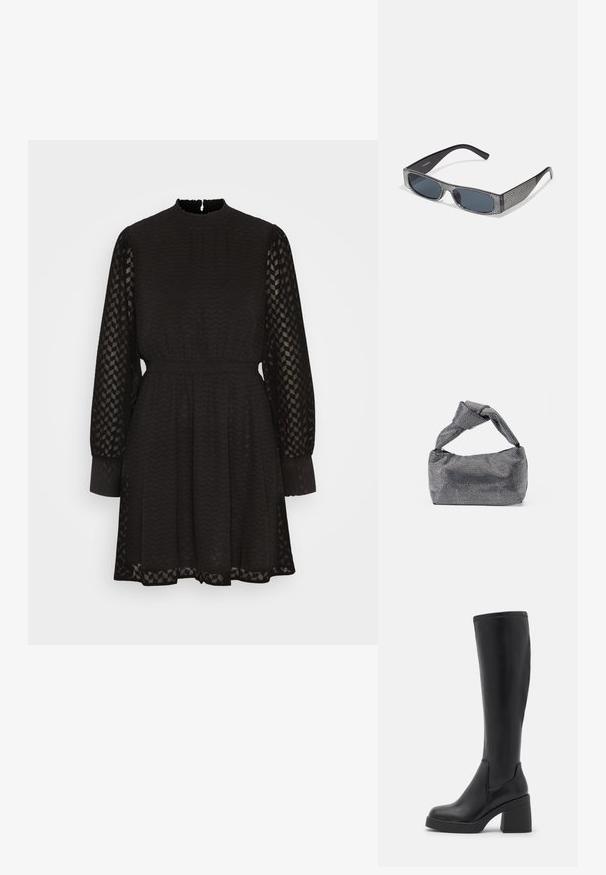 ONLY ONLEMMERY HIGHNECK DRESS - Φόρεμα ημέρας - black; Call it Spring BRITNAY - Μπότες πλατφόρμα - black; Μαύρα γυαλιά ηλίου με γκρι φακούς, που διαθέτουν σχέδιο πλέγματος από μικρές μεταλλικές ριζόχρυσες πέτρες γύρω από τους σκελετούς. Λείος φινίρισμα, γωνιακό σχέδιο.; Μαύρη και ασημένια τσάντα χειρός με υφασμάτινη επιφάνεια που διαθέτει διαμαντένιο σχέδιο, κόμπο στη λαβή και δομημένο σχήμα.