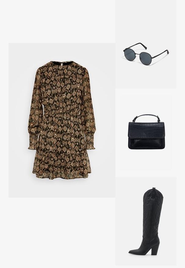 ONLY ONLISLA SMOCK DRESS - Hverdagskjole - tap shoe dessert rider; Zign LEATHER - Cowboy- / bikerstøvler - black; Sorte metal solbriller med runde linser, mørkt tonede, slanke arme og justerbare næsepuder, der har et minimalistisk design uden synlig branding.; Sort håndtaske med krokodilletekstur, rektangulært form, topklap og et enkelt kort håndtag.