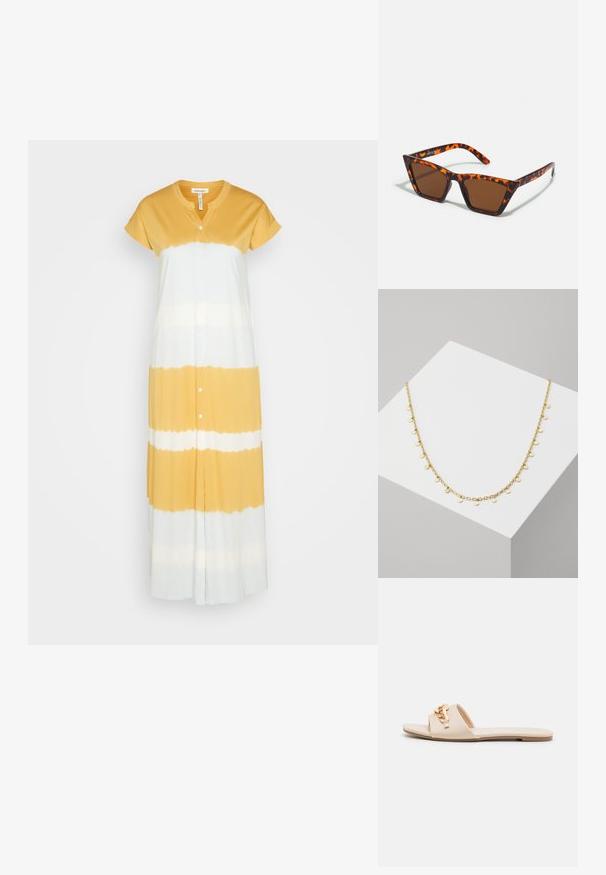 Thought TIE DYED SHIRT DRESS - Jerseykjole - multi; Beige slidesandaletter med åben tå, flad sål og dekorative metallkædeaccenter på stroppen. Glat materiale med minimal tekstur.; Brune tonede solbriller med et skildpadde-mønster, vinklede stel og slanke arme. Letvægts plastmateriale.; Guldkæde med små, runde, teksturerede vedhæng jævnt fordelt langs længden, med en poleret finish og delikate led.