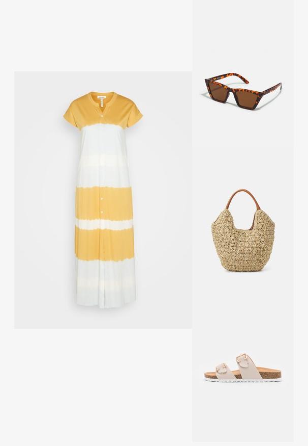 Thought TIE DYED SHIRT DRESS - Vestido ligero - multi; Sandalias deslizantes beige con dos correas ajustables y hebillas en tono dorado. Plantilla de corcho con una suela exterior de goma blanca texturizada.; Gafas de sol con tonalidades marrones y un patrón de carey, de montura angular y brazos delgados. Material plástico ligero.; Bolsa de tote de paja trenzada con una textura natural y una forma suave y orgánica, con asas de cuero marrón para un fácil transporte.