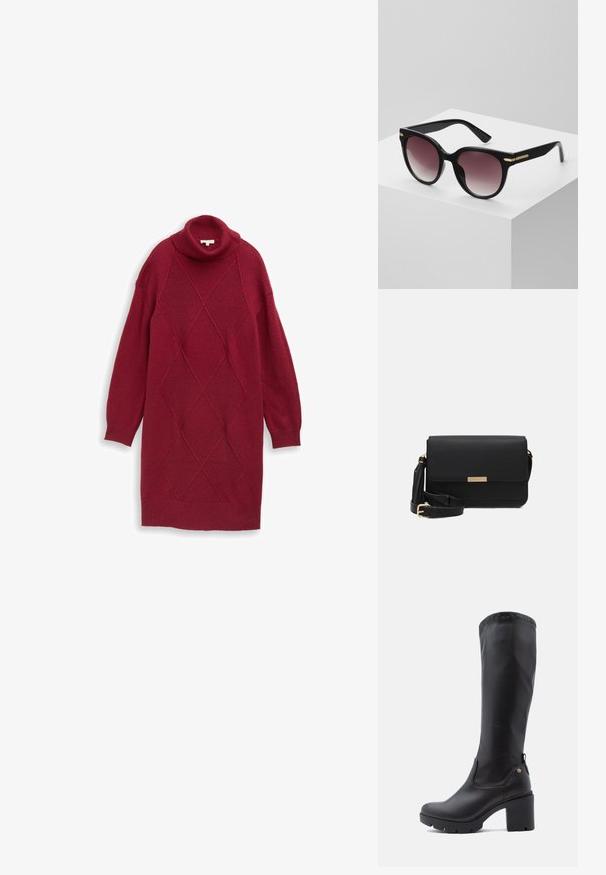Robe en tricot bordeaux avec col roulé, manches bouffantes longues, motifs en côtes diagonales et en losanges, avec une coupe décontractée et un ourlet juste au-dessus du genou.; Bottes noires montantes en cuir lisse avec un bout carré, un talon épais et une semelle en caoutchouc texturé. Présente un détail de logo discret.; Lunettes de soleil noires avec une finition brillante, verres ronds surdimensionnés passant de teintes sombres à des teintes plus claires, et accents dorés sur les branches.; Sac en cuir noir avec un rabat, accents en matériel doré, sangle réglable et surface texturée. Forme rectangulaire compacte.