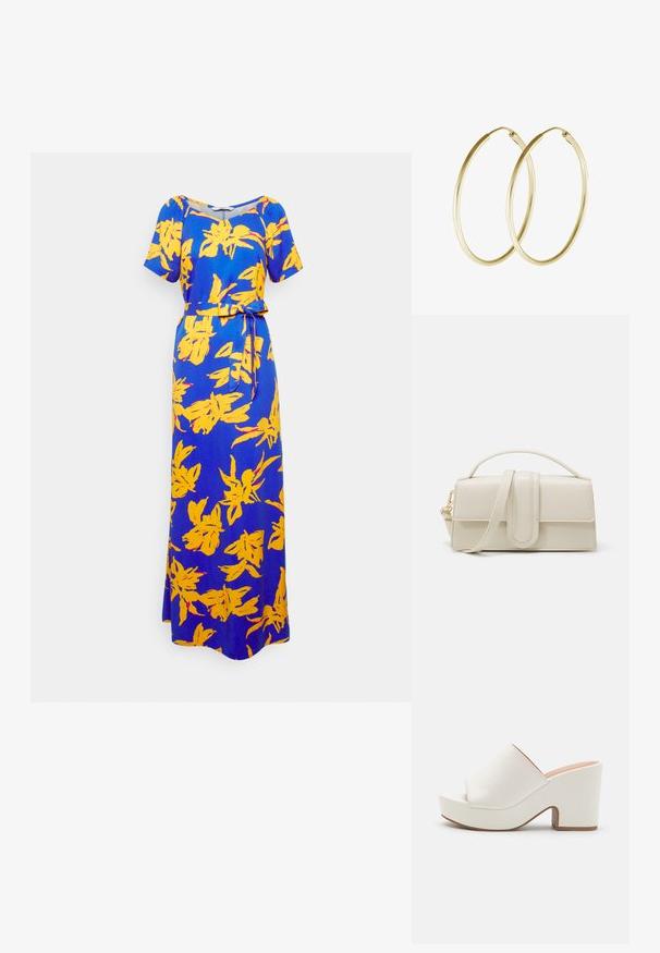 ONLY Tall ONLALMA LIFE LONG DRESS - Maxikleid - dazzling blue rustic leaf; Weiße Plateau-Pantoletten mit einer glatten Oberfläche, offenem Zehendesign und einem klobigen Absatz. Merkmale sind eine subtile obere Naht und eine kontrastierende Sohle.; Cremfarbene Lederhandtasche mit rechteckiger Form, flachem Griff und abnehmbarem Schulterriemen; verfügt über einen vorderen Klappverschluss mit Magnetverschluss.; Goldene Creolen mit einem glatten, abgerundeten Design und einem glänzenden Finish. Leichte Bauweise mit einem sicheren Verschluss.