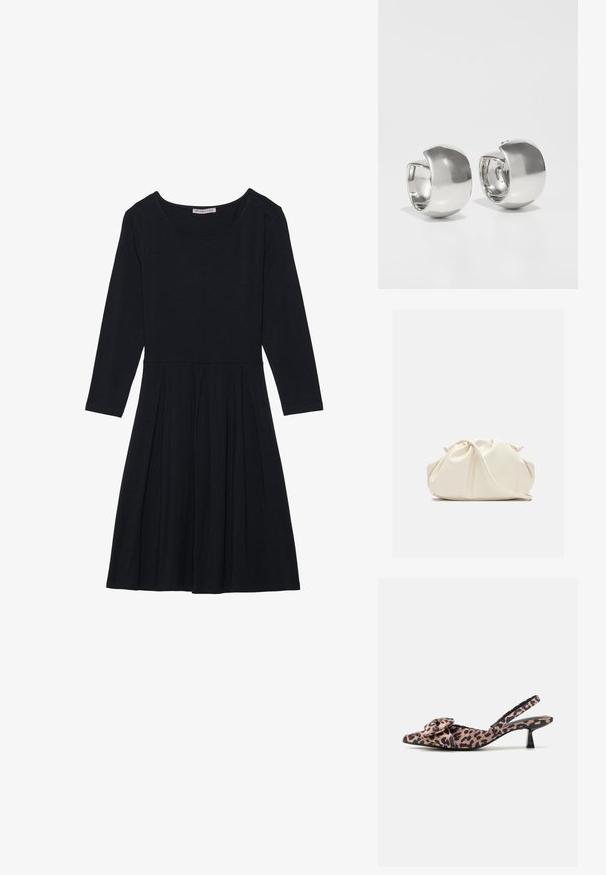 Sort kjole med lange ærmer, rund hals og en plisseret nederdel. Fremstillet af blødt stof, har den et enkelt og klassisk design.; Spidse slingback hæle i leopardprintet stof med en bue-accent, der har en lav sort hæl og glat tekstur.; Blød, cremefarvet læder clutch taske med samlet, rynket design og en tynd skulderrem, der hviler foran på en ensfarvet baggrund.; Uncommon Matters SCULPTURAL LARGE CREOLE - Øreringe - silver-coloured