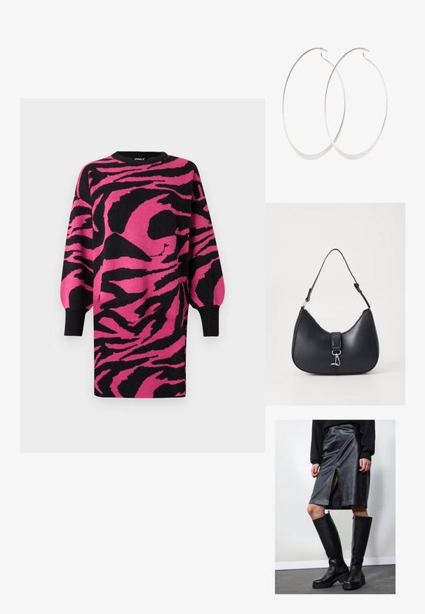 Strikket kjole med lyserødt og sort zebra-mønster, rund halsudskæring, lange ærmer og ribstrikkede sorte manchetter. Blød tekstur, knælængde design.; Sort læder blyantskirt med forkort slit, parret med knæhøje sorte støvler med lynlås og en kraftig sål for ekstra højde.; Pieces PCLIKA SHOULDER BAG - Håndtasker - black; Sølv hoops øreringe med et tyndt, glat design; langstrakt oval form; poleret finish; har en sikker krog lukning.