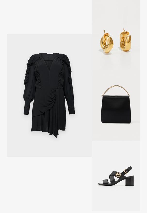 Robe noire avec des manches à volants, décolleté en V profond et ourlet asymétrique. Présente des accents texturés le long du buste et des manches. Tissu doux.; Sandale en cuir noir avec des lanières croisées et un logo rond MK. Le talon carré est de hauteur moyenne, offrant à la fois stabilité et un design élégant.; Sac noir en tissu lisse, présentant une forme structurée, une poignée en chaîne dorée et un design géométrique minimaliste.; Boucles d'oreilles créoles en or massif avec un design tubulaire légèrement tordu et des fermoirs à tige sur un fond blanc.
