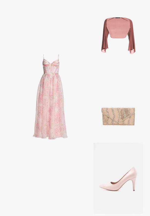 Lichtroze maxi-jurk met bloemenprint, dunne bandjes, een aansluitend gerimpeld lijfje en een vloeiende, doorschijnende rok.; Roze lakleren hoge hak schoen met een puntige neus en een slanke hak. Gladde textuur met een glanzende afwerking. Geen zichtbare accenten of patronen.; Roze transparant bolero met lange, brede, vloeiende mouwen en een "SWING" merkembleem aan de halslijn.; Clutch tas in zacht roze met golfpatroon. Heeft kralenaccenten en metalen afwerking. Gemaakt van gestructureerde materialen, met een veilige flapsluiting.