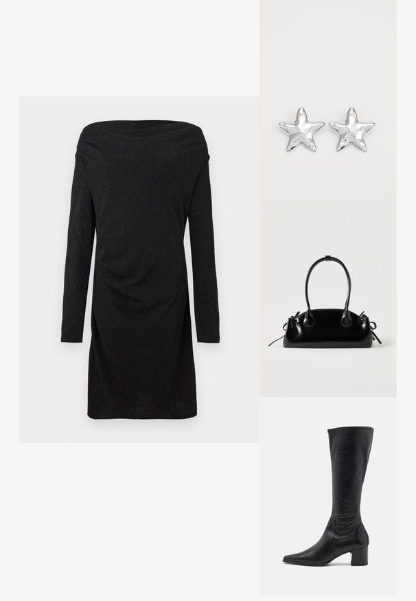 Robe noire décolletée épaule, en tissu texturé et côtelé. Manches longues avec un détail drapé et une silhouette ajustée. Design sophistiqué.; Botte en cuir noire arrivant au genou avec un bout pointu, des détails de couture minimum et un talon carré épais. Texture lisse avec un fini brillant.; Petit sac à main noir brillant avec deux longues anses et des détails à cordon sur les côtés sur un fond clair uni.; Boucles d'oreilles argentées en forme d'étoile, avec une surface lisse et brillante. Chaque boucle d'oreille possède cinq pointes et des détails subtils de texture de surface.