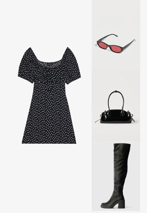 Robe noire courte avec des pois blancs irréguliers, manches ballons, décolleté carré et détail de nœud à l'avant.; Bottes noires en simili cuir au-dessus du genou avec un design épuré, une plateforme épaisse et un bout arrondi. Texture lisse et détails de couture minimalistes.; Lunettes de soleil ovales noires avec des branches fines et des verres teintés rouges posées sur une surface blanche.; Petit sac à main noir brillant avec deux longues anses et des détails à cordon sur les côtés sur un fond clair uni.