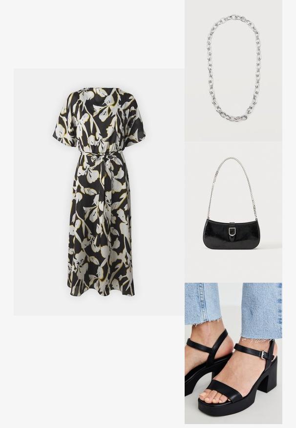 Vestido negro con patrones florales en blanco y dorado, mangas cortas, cintura ceñida con un lazo y una silueta fluida.; ALDO CELIE - Sandalias de tacón - black; Bolso de hombro de charol negro con detalle de hebilla plateada y correa de cadena plateada, presentado sobre un fondo liso y claro.; Collar de cadena en tono plateado con grandes eslabones ovalados entrelazados dispuestos en un lazo alargado sobre un fondo blanco.