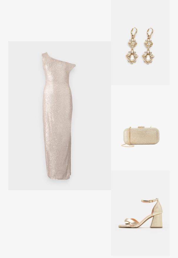 Knee-length, one-shoulder dress in light beige with a fitted silhouette, featuring a sequined texture and a sleek, straight design.; Gold metallic heeled sandals with a block heel, open toe, and crisscross strap design. Ankle strap features a buckle closure.; Small rectangular gold clutch purse covered in rhinestones with a gold chain strap and a jeweled clasp closure.; Gold-tone dangle earrings featuring a cluster design with round and teardrop-shaped clear crystals, showcasing intricate detailing.