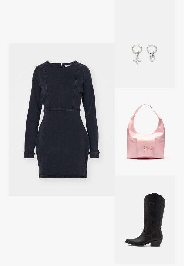 Noisy May NMPELLA DRESS - Denimové šaty - black denim; Čierne kožené kovbojské čižmy s špicatou špičkou, nízkym stohovaným podpätkom a zložitým embosovaným vzorom listov na holeni. Očko na vrchu pre jednoduché obúvanie.; Ružová kabelka s lesklým povrchom, veľkým ramenným popruhom, predná vrecko s dekoratívnou sponou. Hladká textúra, minimalistický dizajn.; Strieborné kruhové náušnice s príveskom v tvare kríža a srdca. Hladký, lesklý povrch s lešteným dokončením. Každý prívesok visí na bezpečnej slučke.