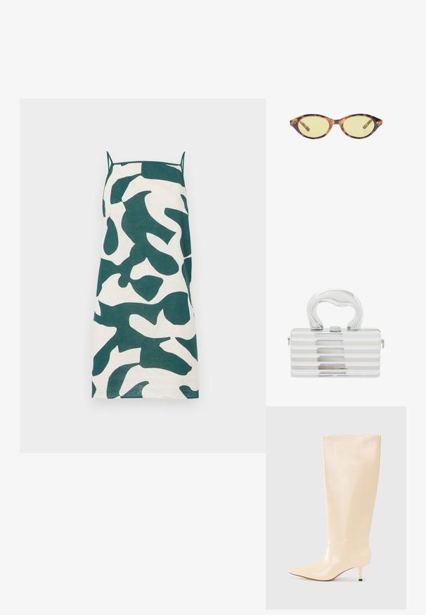 Robe à bretelles spaghetti en crème avec un motif camouflage abstrait vert. Présente une coupe droite et un tissu léger.; Botte en cuir beige à hauteur de genoux avec une finition lisse et élégante, un bout pointu et un talon bas et élancé. Présente un design minimaliste sans accents visibles.; Lunettes de soleil de forme ovale avec des verres teintés jaunes et une monture à motif écaille, isolées sur fond blanc.; Sac à main argent métallique de forme rectangulaire, avec des rainures horizontales, une poignée incurvée et une fermeture à clasp sur le devant.