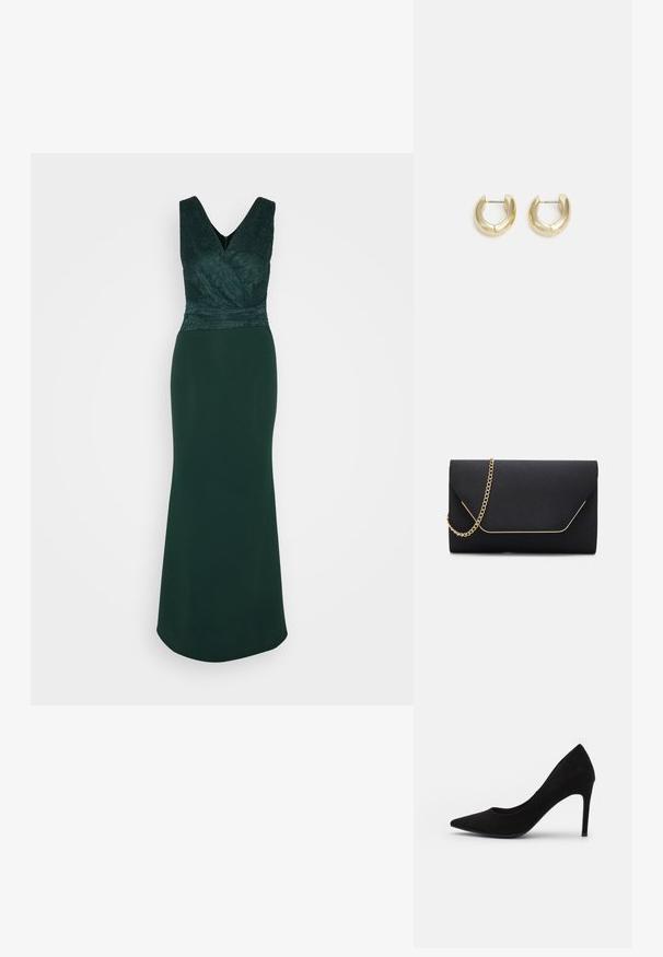 WAL G. BONNIE DRESS - Jerseykjole - forest green; Sort ruskind højhælet pumpe med spids tå, glat overflade og slank stiletthæl. Klassisk design med en elegant silhouette.; Sort clutch taske med en glat overflade, prydet med en guldkæde-rem og en geometrisk flaplukning, der er indrammet i guld.; Guld-tone hoop øreringe med en glat, poleret overflade. Har en halvcirkelform og en sikker stiftlukning.