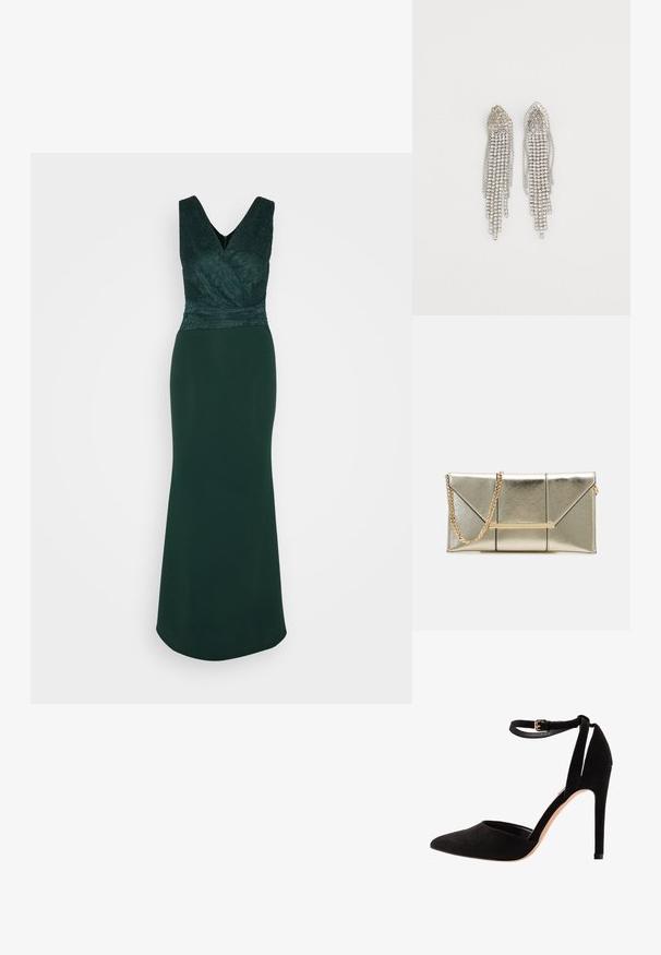 WAL G. BONNIE DRESS - Robe en jersey - forest green; Escarpins en suède noir avec un bout pointu, une bride à la cheville et un talon aiguille. Le design présente une texture lisse avec un minimalisme dans les détails.; Sac à main doré métallique avec un design structuré, featuring des coutures diagonales et une bandoulière en chaîne dorée. Comprend une barre d'accent en métal sur le devant.; Boucles d'oreilles en argent présentant un design en cascade avec plusieurs rangées de strass scintillants, des pointes effilées et de délicates nuances de chaîne.
