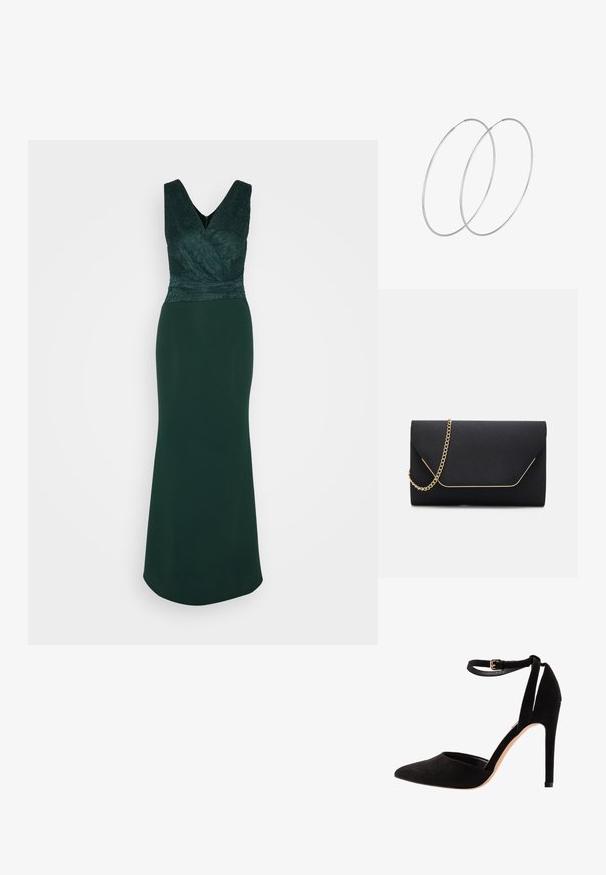 WAL G. BONNIE DRESS - Džersejové šaty - forest green; Čierne zamatové lodičky s špicatou špičkou, remienkom okolo členku a stiletto podpätkom. Dizajn sa vyznačuje hladkou textúrou s minimálnymi detailmi.; Čierna kabelka cez rameno so hladkou textúrou, s zlatým reťazovým popruhom a geometricky tvarovaným uzáverom orámovaným zlatom.; Strieborné kruhové náušnice s minimalistickým dizajnom. Cirkulárny tvar, hladký povrch a tenký profil. Ľahké s lesklým povrchom.