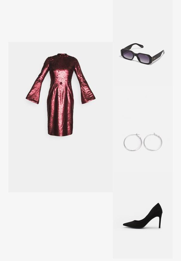 Malina LIVA DRESS - Koktailové šaty/večierkové šaty - berry red; Čierne semišové lodičky na vysokom opätku s špičatou špičkou, hladkou textúrou a štíhlym stiletto opätkom. Klasický dizajn s elegantným siluetou.; Čierne nadmerné slnečné okuliare s plochým predným dielom, gradientnými tmavo fialovými sklá a zlatými akcentmi na ramenách, na ktorých sa nachádza logo značky "Quay."; sweet deluxe EARRING - Náušnice - silver-coloured
