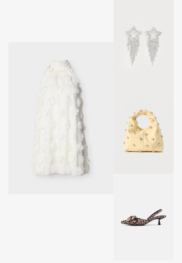 Hvid ærmeløs kjole med høj krave, dekoreret med tredimensionelle blomsterapplikationer jævnt fordelt over stoffet.; Spidse slingback hæle i leopardprintet stof med en bue-accent, der har en lav sort hæl og glat tekstur.; Blød gul håndtaske med cirkulært håndtag, dekoreret med jævnt fordelte små sølvfarvede metalknopper på en glat overflade.; Rhinestone stjerne øreringe med dryppende frynsedetaljer, præget af sølvfarve og en blank, reflekterende overflade. Stjernedesign med detaljeret udformning.