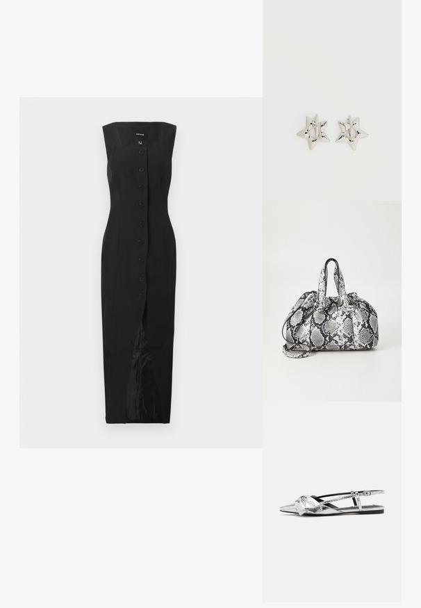 Robe midi sans manches noire avec décolleté carré, fermeture à boutons sur le devant et fente centrale, présentée sur un fond blanc uni.; Ballerines argentées métalliques à bride arrière avec un bout pointu, présentant un détail de nœud sur le devant et une sangle ajustable pour un maintien sécurisé.; Sac à main en motif peau de serpent noir et blanc avec deux poignées, une fermeture à cordon et une bandoulière amovible. Texture lisse.; Boucles d’oreilles créoles en forme d’étoile argentée avec une finition lisse et polie sur un fond blanc uni.