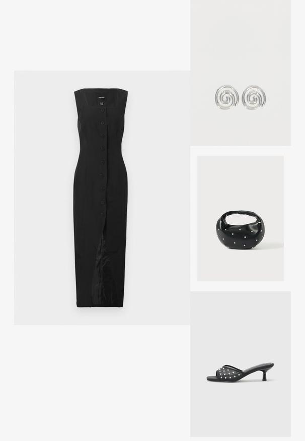 Robe midi sans manches noire avec décolleté carré, fermeture à boutons sur le devant et fente centrale, présentée sur un fond blanc uni.; Sandale à talon bas ouverte noire avec un tissu transparent orné de clous décoratifs transparents et une semelle lisse.; Sac à main en cuir noir de forme arrondie, décoré de clous argentés et équipé d'une poignée courte. Texture lisse et fermeture éclair.; Paire de boucles d'oreilles en forme d'anneau spirale en argent avec un design lisse et arrondi sur fond blanc uni.
