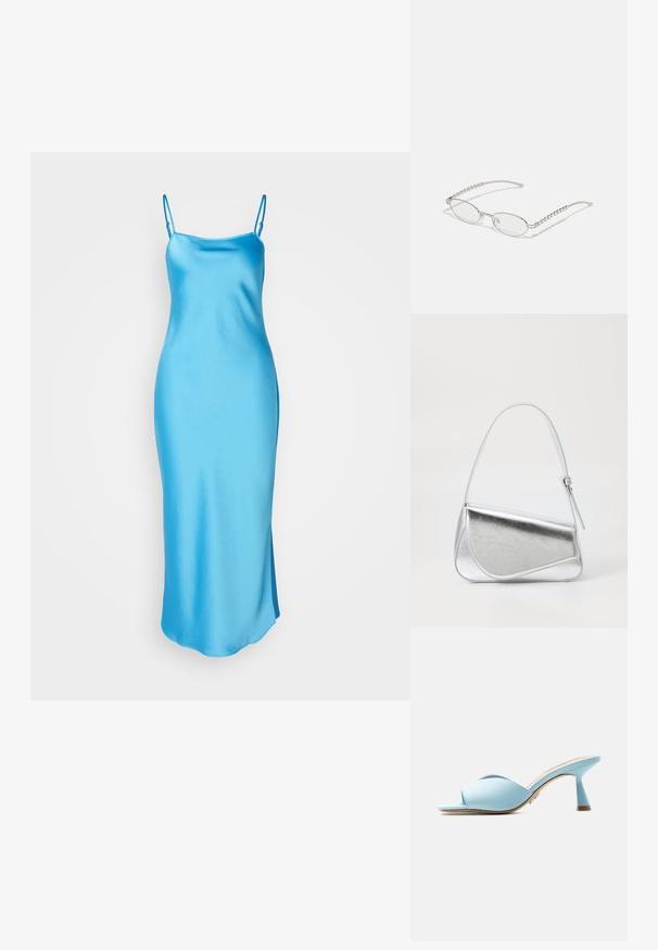 Robe nuisette en satin bleu avec des fines bretelles, un décolleté droit et une fente sur le côté pour faciliter les mouvements. Texture lisse, design longueur sol.; Mule bleu clair à bout ouvert avec des brides larges croisées et un talon mi-hauteur évasé, présenté de profil sur fond blanc.; Lunettes ovales avec une monture métallique argentée, verres transparents et accents de branches texturées avec perles. Design léger avec des branches courbées.; Sac à main en métal argenté de forme triangulaire, texture lisse et fine bandoulière réglable. Présente un design rabat avec couture.
