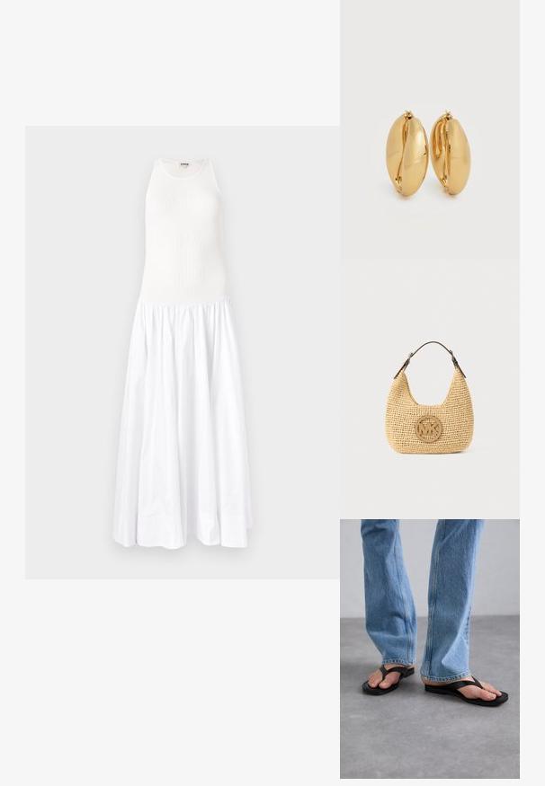 Robe maxi blanche avec un haut côtelé et une jupe fluide et froncée. Confectionnée en tissu léger, elle présente un design sans manches et un col rond.; Des tongs noires avec une large lanière en V, fabriquées en caoutchouc. Portées avec un jean droit bleu clair, montrant un denim texturé.; Sac à main tissé beige de forme arrondie, avec une sangle réglable marron foncé et un emblème rond logo "MK" au centre devant.; Paire de boucles d'oreilles épaisses en forme de créoles, effet or poli, avec un design légèrement ovale et massif, dotées de fermoirs à charnière sur fond blanc.