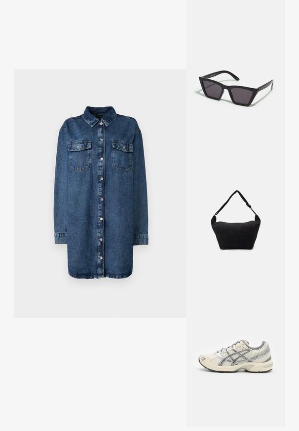 Chemise en denim bleu foncé, avec un col, une fermeture à boutons à l'avant, deux poches poitrine et des manches longues avec des poignets à boutons.; Baskets de course avec une tige en mesh blanc respirant, des accents argentés, des lacets gris et une semelle en caoutchouc noir durable. Design léger et rembourré.; Lunettes noires angulaires avec des verres gris ; fabriquées en plastique, avec des branches épaisses à la surface lisse et sans matériel visible.; Sac à épaule en tissu noir avec une surface texturée douce, de forme arrondie et une seule sangle. Design minimaliste sans accessoires ni quincaillerie visibles.