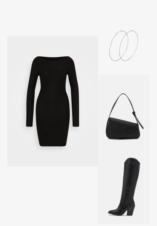 Zwarte langmouwen jurk met een getailleerde vorm, bootnek en een gladde textuur, ontworpen voor een slanke silhouet. Geen patronen of hardware zichtbaar.; RAID LAKELYN - Laarzen met hoge hak - black; Zwart leren handtas met een driehoekige vorm, schuine klep en een ronde handgreep. Heeft een gladde textuur en minimalistische ontwerpelementen.; Zilveren hoepel oorbellen met een minimalistisch ontwerp. Cirkelvormig, gladde textuur en dun profiel. Lichtgewicht met een gepolijste afwerking.