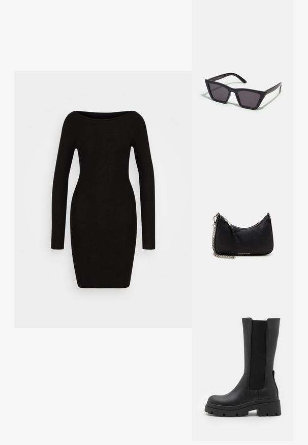 Zwarte langmouwen jurk met een getailleerde vorm, bootnek en een gladde textuur, ontworpen voor een slanke silhouet. Geen patronen of hardware zichtbaar.; ONLY SHOES ONLDOJA - Plateaulaarzen - black; Zwarte, hoekige zonnebril met grijze lenzen; gemaakt van plastic, met dikke armen met een gladde oppervlakte en zonder zichtbare hardware.; Zwarte synthetische handtas met een gebogen vorm, zilveren kettingriem, ritsluiting en een reliëf logo van het merk op de voorkant. Gladde textuur.