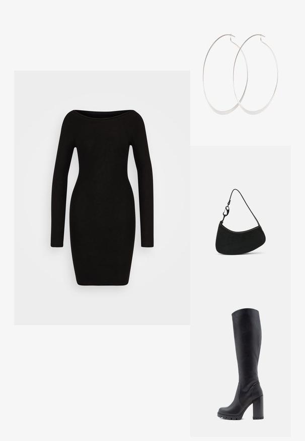 Zwarte langmouwen jurk met een getailleerde vorm, bootnek en een gladde textuur, ontworpen voor een slanke silhouet. Geen patronen of hardware zichtbaar.; Zwarte kniehoge laars, van glad leer, met een chunky hak, ronde neus, textuur op de zool voor grip, strak ontwerp zonder versieringen.; Zwarte handtas met een gebogen vorm, een gladde textuur en een korte band met een metalen sluiting. Minimalistisch ontwerp zonder patronen of accenten.; Zilveren oorringen met een dun, glad ontwerp; langwerpige ovale vorm; gepolijste afwerking; voorzien van een veilige haaksluiting.