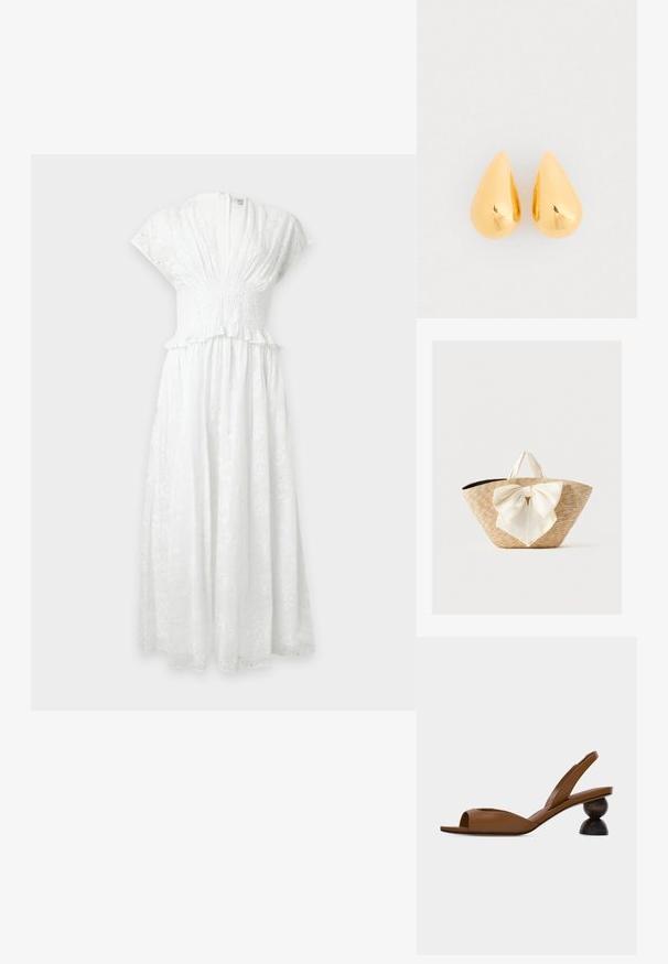 Robe midi blanche en dentelle ajourée avec manches courtes, décolleté en V profond, taille froncée et détail à volants à la taille.; Sandale marron à bout ouvert avec bride arrière, dotée d'un talon en bois rond distinctif en deux parties sur un fond clair uni.; Sac cabas en paille tissée avec des poignées en tissu crème et un grand nœud décoratif crème à l'avant, sur un fond uni.; Boucles d'oreilles en or en forme de goutte avec une surface lisse et polie et des fonds arrondis, reflétant la lumière avec une finition brillante.