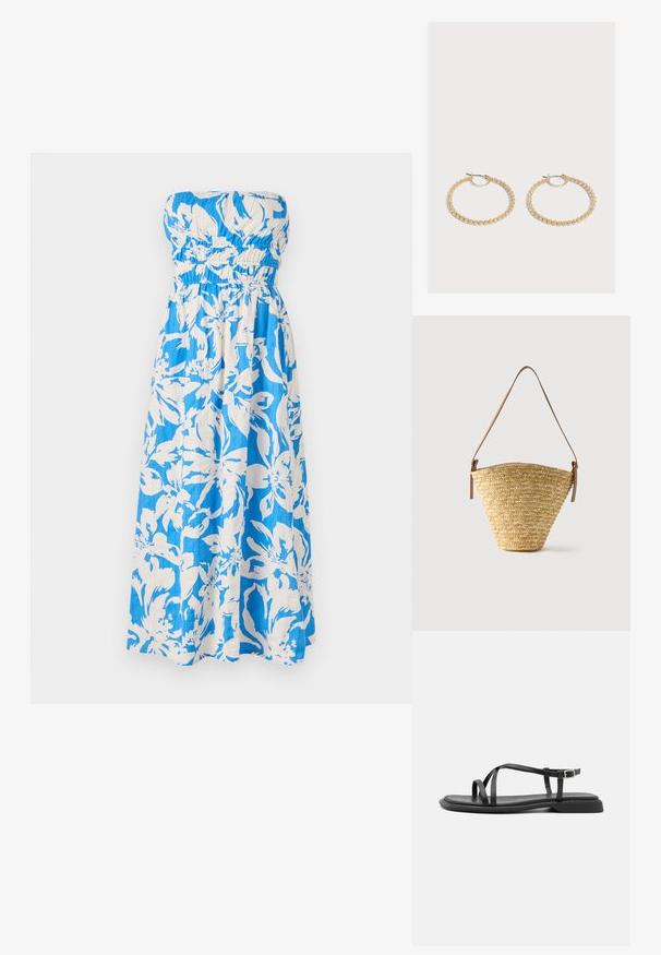 Vestido maxi sin tirantes en un patrón floral azul y blanco, con un cuerpo fruncido y una tela ligera y texturizada.; Sandalias planas negras con tiras ajustables finas, con una pala rectangular y un acabado mate texturizado. Presentan un tacón bajo ligeramente cuadrado.; Bolso tipo cubo de paja tejido con base ancha, parte superior estrecha y correa de hombro ajustable de cuero marrón.; Par de pendientes de aro dorados de tamaño mediano con un diseño texturizado y con cuentas sobre un fondo claro y liso.
