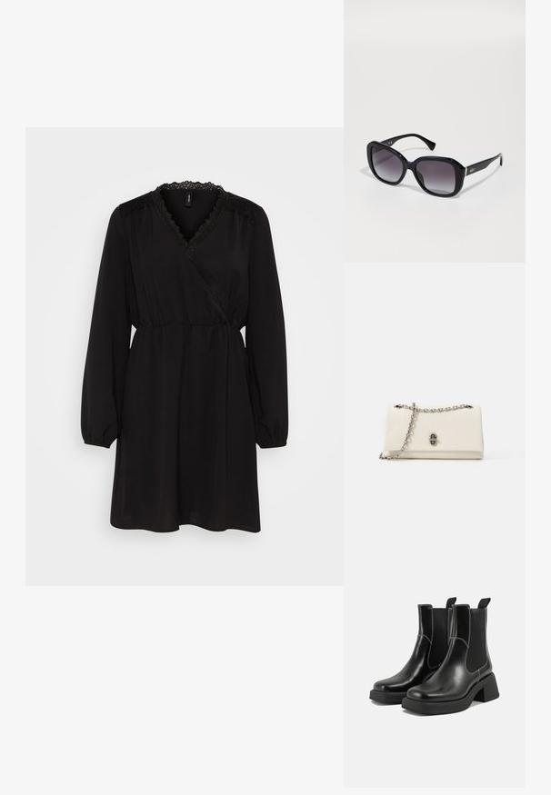 Vero Moda VMALVA WRAP SHORT DRESS - Denné šaty - black; Čierne kožené Chelsea čižmy s robustným podpätkom, elastickými bočnými panelmi a kontrastným bielym prešívaním. Textúrovaný povrch.; Čierne oversized slnečné okuliare s lesklým povrchom, gradientnými šedými sklami a striebornými akcentami na straniciach. Štvorcový rám.; Biela kožená kabelka so strieborným reťazovým popruhom a charakteristickou prednou sponou. Hladký povrch a obdĺžnikový tvar s zaoblenými rohmi.