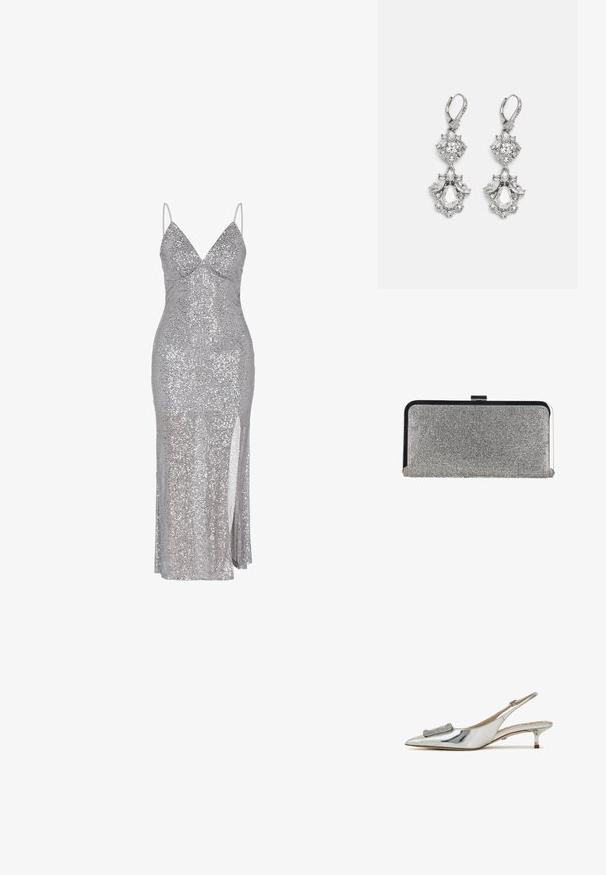 Zilveren paillettenjurk met een diep uitgesneden halslijn, dunne bandjes en een hoge split tot aan de dij. Soepele textuur met een nauwsluitend silhouet.; Zilverkleurige metallic slingback schoen met een spitse neus, versiering op de vamp en een lage kittenhak. Glad, reflecterend oppervlak.; Rechthoekige zilveren clutchtas bedekt met kleine strass-steentjes, met een zwart-zilveren metalen frame en een sluiting met gesp.; Zilverkleurige oorbellen met meerdere heldere kristalgesteenten in druppel- en marquisevormen, met sluitingen met een leversysteem en ingewikkelde details.