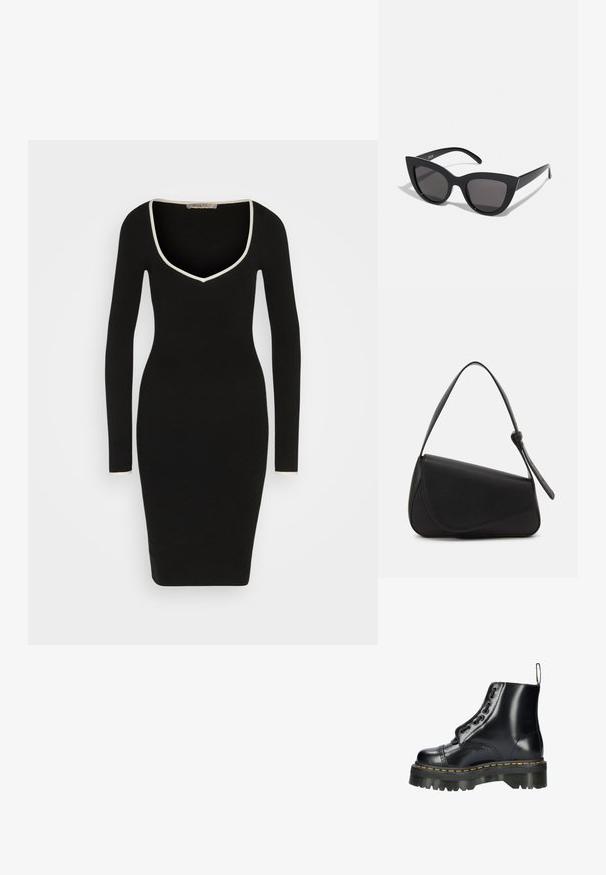 Anna Field by Zalando Etui-jurk - black/white; Zwarte leren enkellaars met een stevige profielzool, voorzien van decoratieve veters, een gele gestikte rand en een trekloopje aan de hiel.; Zwarte cat-eye zonnebril met een matte afwerking, voorzien van grijs getinte glazen, scherpe hoeken en slanke zijarmen. Merkennaam zichtbaar op de binnenarm.; Zwart leren handtas met een driehoekige vorm, schuine klep en een ronde handgreep. Heeft een gladde textuur en minimalistische ontwerpelementen.