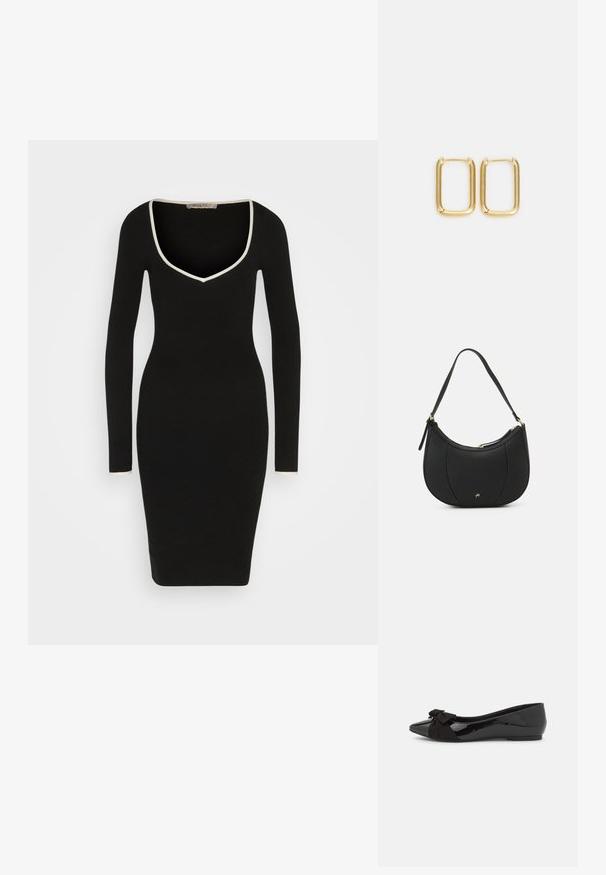 Anna Field by Zalando Φόρεμα σε ίσια γραμμή - black/white; Μαύρη μπαλαρίνα με γυαλιστερή πατίνα και αντίθεση από σουέτ μαύρο φιόγκο στη μύτη. Χαμηλή σόλα. Ελάχιστος σχεδιασμός.; Μαύρη δερμάτινη τσάντα χειρός με καμπύλο σχήμα, υφή στην επιφάνεια, εμπρόσθια ραφή και λογότυπο σε χρυσό τόνο. Διαθέτει μία ρυθμιζόμενη ιμάντα.; Χρυσά μεταλλικά σκουλαρίκια κρίκοι σε τετράγωνο σχήμα με λεία άκρα και γυαλιστερή φινιρίσμα, που αντανακλούν το φως με την λαμπερή τους επιφάνεια.