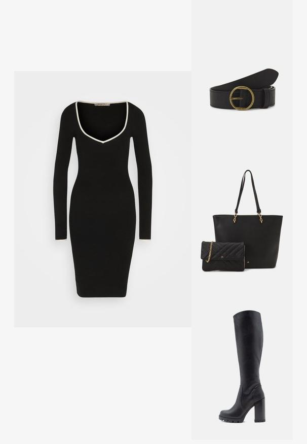 Anna Field by Zalando Robe fourreau - black/white; Botte noire montante, en cuir lisse, avec un talon épais, un bout rond, une semelle texturée avec adhérence, au design élégant sans embellissements.; Sac fourre-tout en simili cuir noir avec deux poignées robustes et des accents dorés, associé à une petite pochette noire matelassée avec une chaîne.; Ceinture en cuir noir avec une boucle en laiton ronde. Présente une surface texturée et une extrémité lisse se rétrécissant en un point.