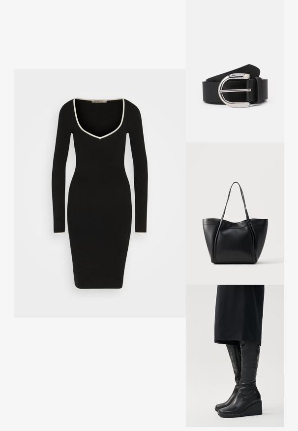 Anna Field Etuikjole - black/white; Sorte læder knæhøje støvler med kilehæle, der har en glat tekstur og en lynlås i siden. Designet med en strømlinet, tætsiddende silhuet.; Sort lædertaske med to lange håndtag og en let buet topkant, vist mod en ensfarvet lys baggrund.; Sorte læderbælte med en sølvfarvet metalspænde, der har en glat tekstur og et klassisk design. Remmen er 3,8 cm bred.