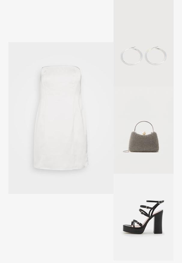 Pieces PCDOLLY BANDEAU BOW DRESS - Cocktail φόρεμα / Φόρεμα για πάρτι - bright white; Μαύρες πλατφόρμες με χοντρό μπλοκ τακούνι, πολλαπλές ρυθμιζόμενες ζώνες και ασημένιες πόρπες. Λείο δέρμα στην πάνω επιφάνεια και υφή στην σόλα.; Μικρό τσαντάκι χειρός με ασημένιο σχέδιο πλέγματος, κυρτή λαβή, μεγάλο κλείσιμο με μαργαριτάρι και λεπτό ασημένιο λουράκι αλυσίδα σε απλό φόντο.; Ζεύγος λαμπερών ασημένιων κρίκων με λεπτές σύρμα σφραγίδες, παρουσιασμένα σε ανοιχτό γκρι φόντο.