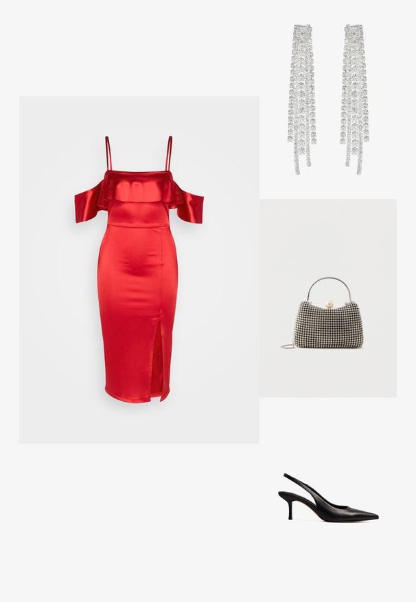 WAL G. GINA RUFFLE MIDI - Cocktailkjole / festkjole - red; NA-KD Pumps - black; Lille håndtaske med sølv gittermønster, buet håndtag, stor perle lukning og en tynd sølvkæde strop på en ensfarvet baggrund.; Lange sølvøreringe med en række klare, facetterede krystaller i kaskadeformede strenge med varierende længder og former.