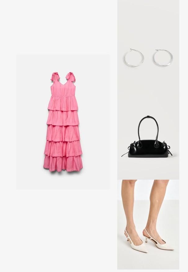 Lyserød maxikjole med lag og skulderbånd, figursyet talje, V-hals og flere lag af rynket stof.; Beige patenterede læder slingback hæle med spids tå og 5 cm hæl, med udskårne sider og en tynd ankelrem.; Lille sort blank håndtaske med to lange håndtag og snøre-detaljer i siden på en ensfarvet lys baggrund.; Sølvfarvede metaloorringe med glat, let buet overflade og låsemekanisme på en ensfarvet hvid baggrund.
