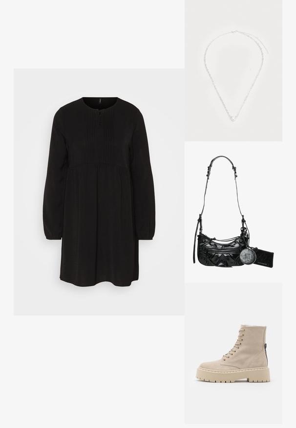 Vero Moda VMALVA PLEET DRESS - Freizeitkleid - black; Beige Wildleder-Stiefelette mit Plattformsohle, Schnürung vorne und einem seitlichen Reißverschluss. Verfügt über gestickte Details und eine strukturierte Sohle.; Schwarze synthetische Lederhandtasche mit geschwungenem Design, einem mit Reißverschluss versehenen Frontfach und dekorativer Hardware sowie einem abnehmbaren runden Münzbeutel.; Silberne Halskette mit einem herzförmigen, klaren Edelstein in der Mitte, ovalen Gliedern und einem sicheren Karabinerverschluss.